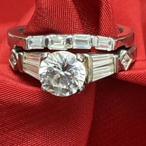 Vintage Sterling Silver 925 W Large CZ Engagement Wedding Ring Set Size 7.75
